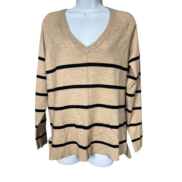 Bobeau Tan Black Striped V-Neck Hi-Low Sweater M - Picture 5 of 16